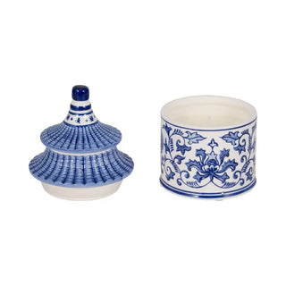 Ceramic Plumeria Chinoiserie Pagoda Candle - Blue, 8 in.