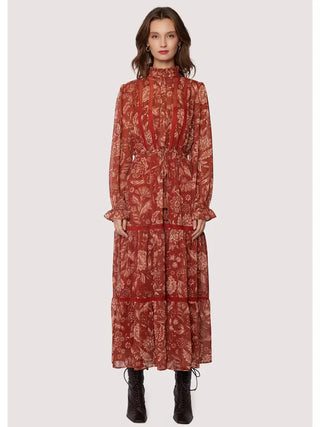 Florencia Maxi Dress - Fall Rust Mock Neck Floral Flowy