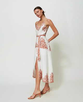 Twinset Midi Linen Dress WIth Floral Print