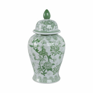 Ceramic Bird Flower Decorative Temple Jar - Green, 18 in.