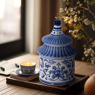 Ceramic Plumeria Chinoiserie Pagoda Candle - Blue, 8 in.