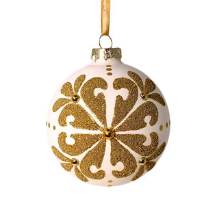 White Glass Ornament with Gold Snowflake 4"