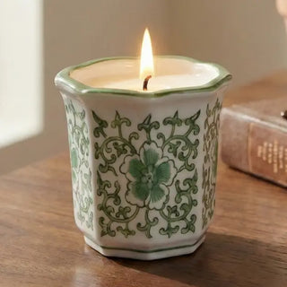 Scented Candle - Plumeria Soy Wax Green Chinoiserie, 6 oz.