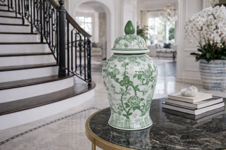 Ceramic Bird Flower Decorative Temple Jar - Green, 18 in.