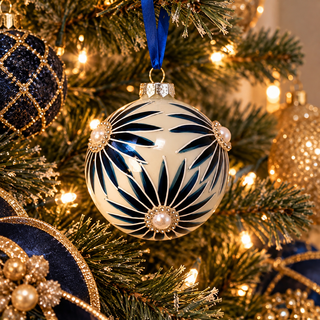 Blue Daisy Pearl Glass Christmas Ornament 4"
