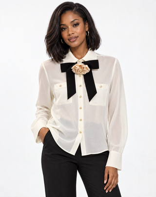Edward Achour Ivory crêpe Georgette blouse closed with mini gold buttons