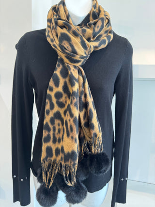Leopard Print Scarf With Pom Pom