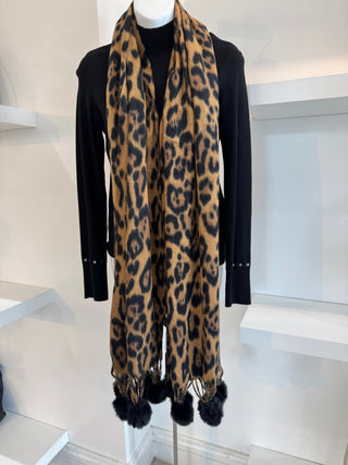 Leopard Print Scarf With Pom Pom