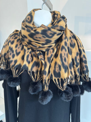Leopard Print Scarf With Pom Pom