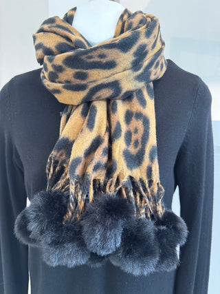Leopard Print Scarf With Pom Pom