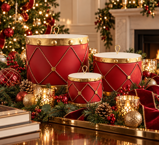 Metal Drum Ornament (Set of 3) 10",7",4" - Red