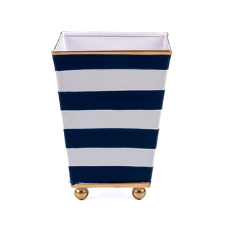 Horizontal Stripe Hand Painted Square Cachepot Planter White & Blue