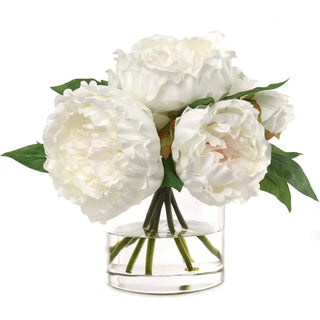 Peony Arrangement w/ 7 Frond in Glass Vase Faux Flower