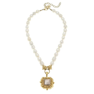 Gold Ivory Crystal Pendant On Genuine Freshwater Pearl Necklace