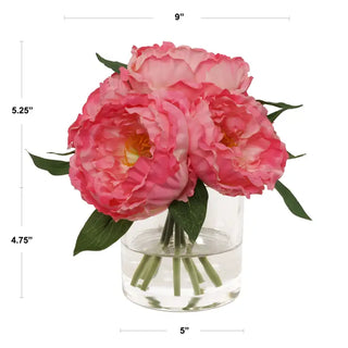 Peony Arrangement w/ 7 Frond in Glass Vase Faux Flower